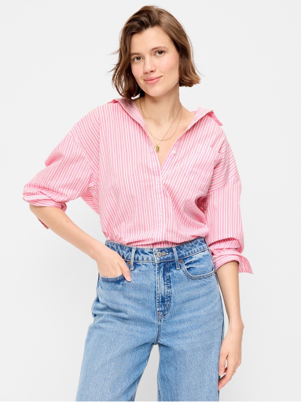 Pink Stripe Women's Button-Up Shirt- Old Navy NWT SIZE MEDIUM